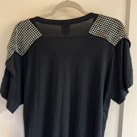 Haute Hippie Black V-Neck T-Shirt with rhinestone flap on the sleeves - Picture 3 of 4